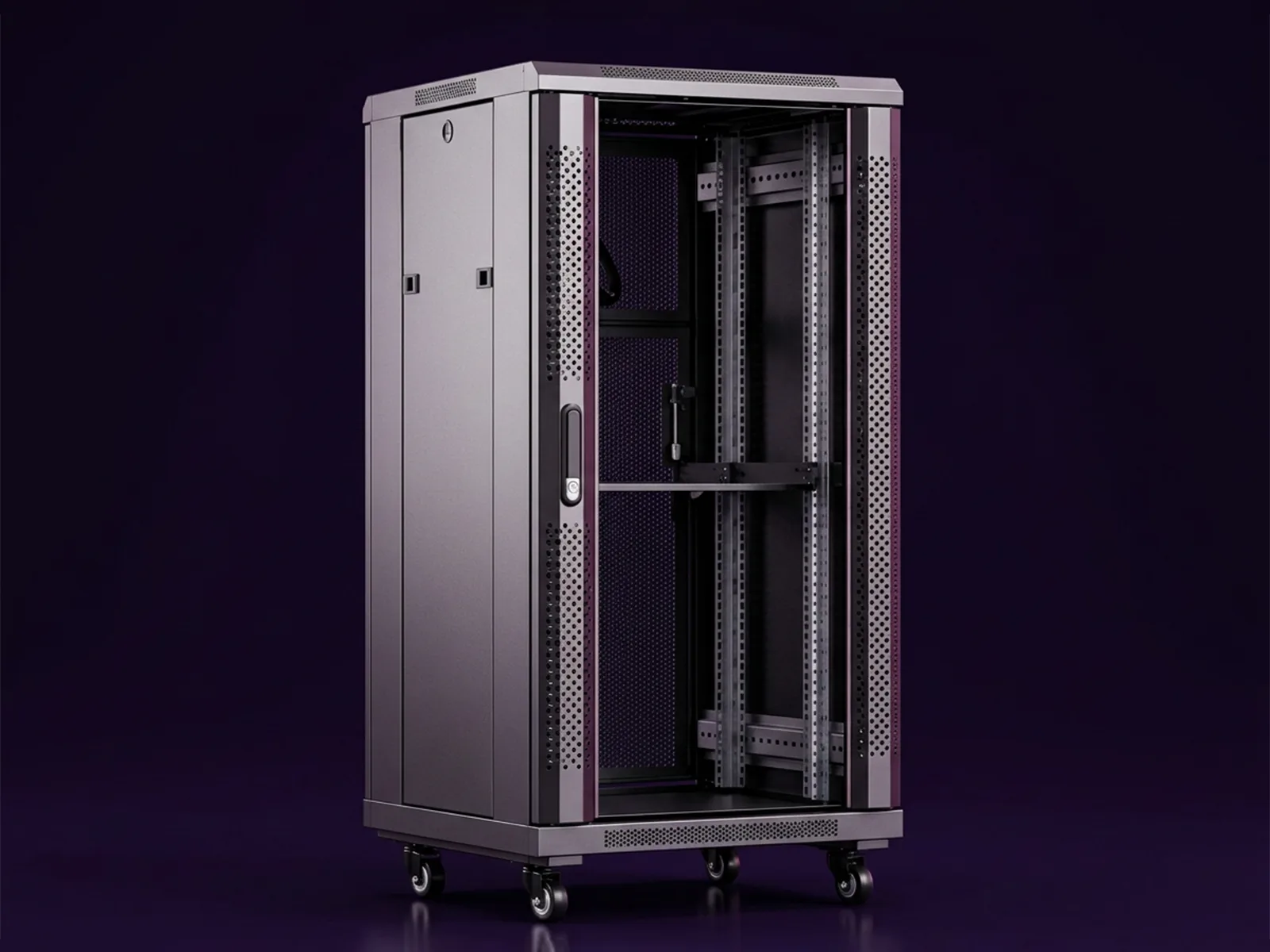 An open wall-mount rack cabinet with a shelf mounted inside, shown at a three-quarter angle against a dark purple background.